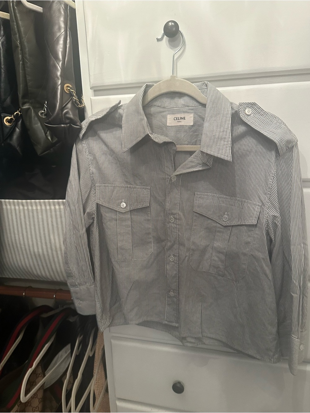 CELINE women’s Striped Button-Up Utility slightly cropped shirt in Gray